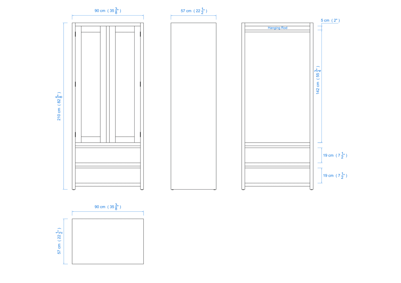Modern 90cm All Hanging Wardrobe with 2 Drawers – Aussie Made Choice of Colours
