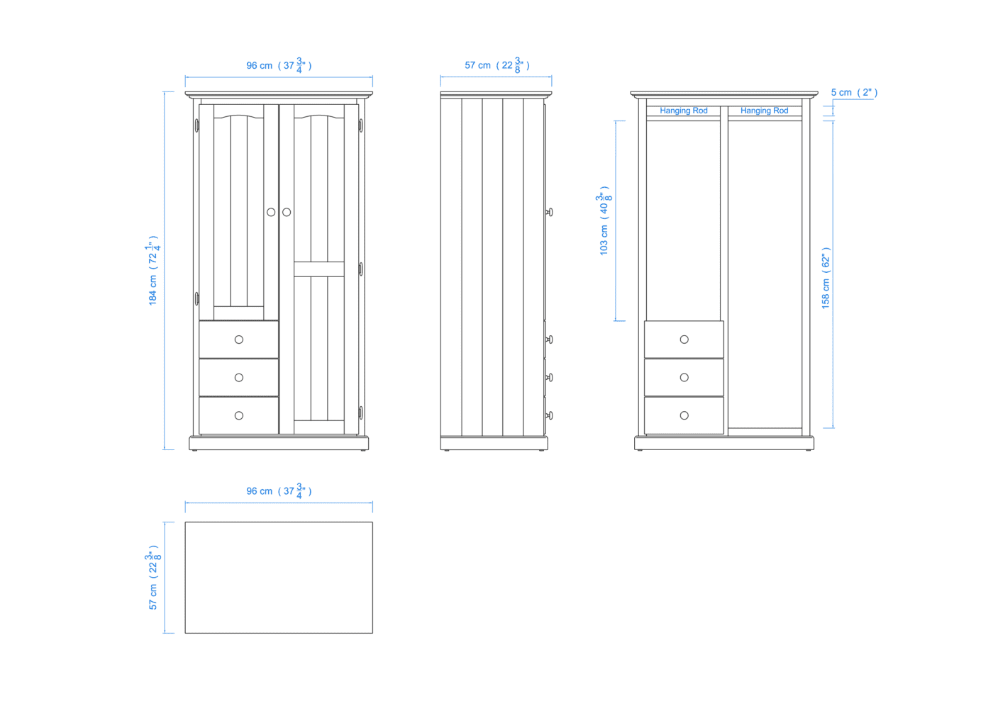 Heritage Timber Wardrobe 90cm 2 Door 3 Drawer Robe Long & Short Hanging – Aussie Made Choice of Colours