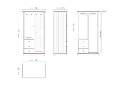 Heritage Timber Wardrobe 90cm 2 Door 3 Drawer Robe Long & Short Hanging – Aussie Made Choice of Colours