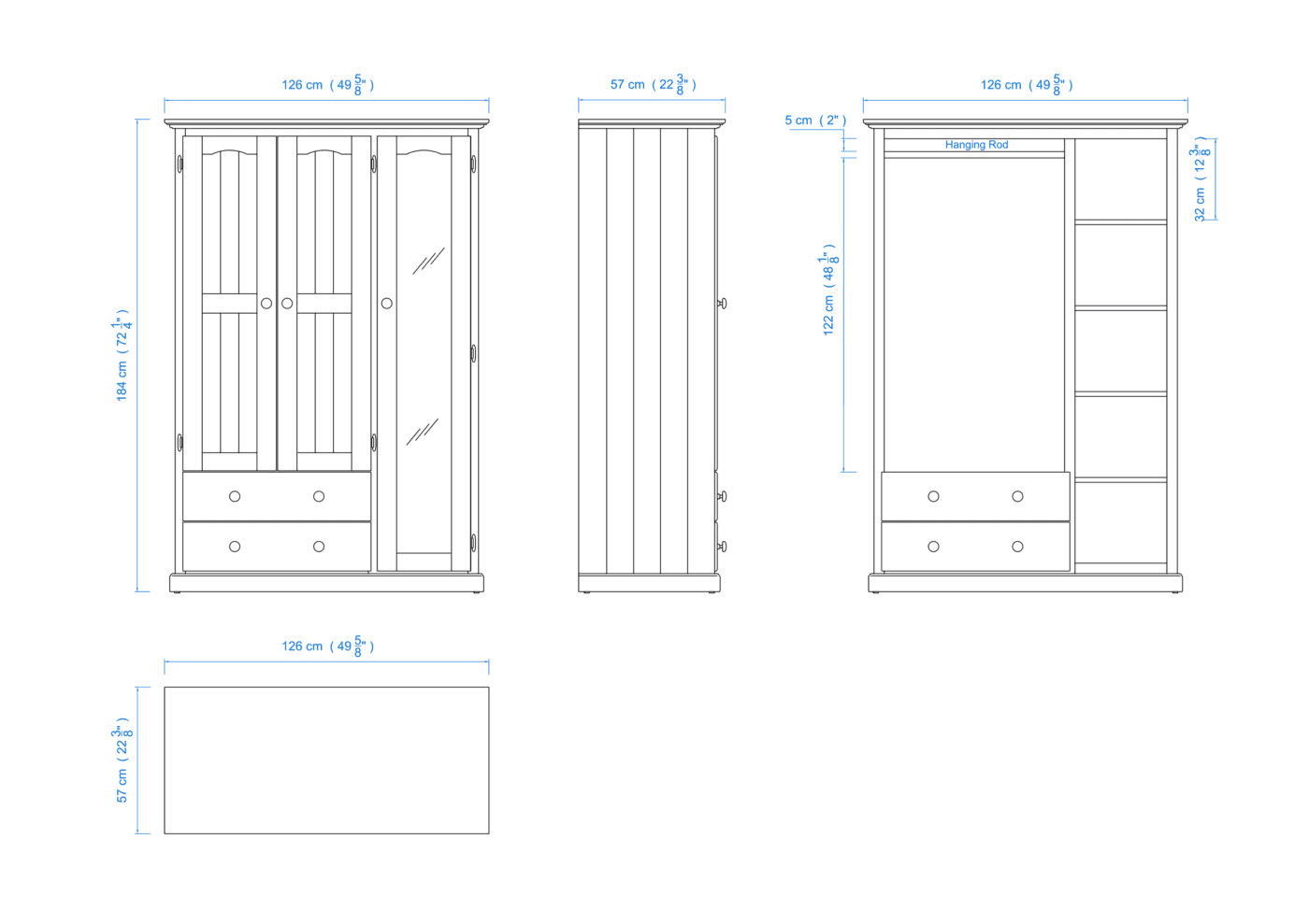 Heritage Timber Wardrobe 120cm Hanging Shelving and Drawers – Aussie Made Choice of Colours