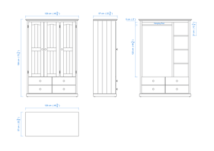 Heritage Timber Wardrobe 120cm 3 Door 4 Drawer Hanging & Shelving – Aussie Made Choice of Colours