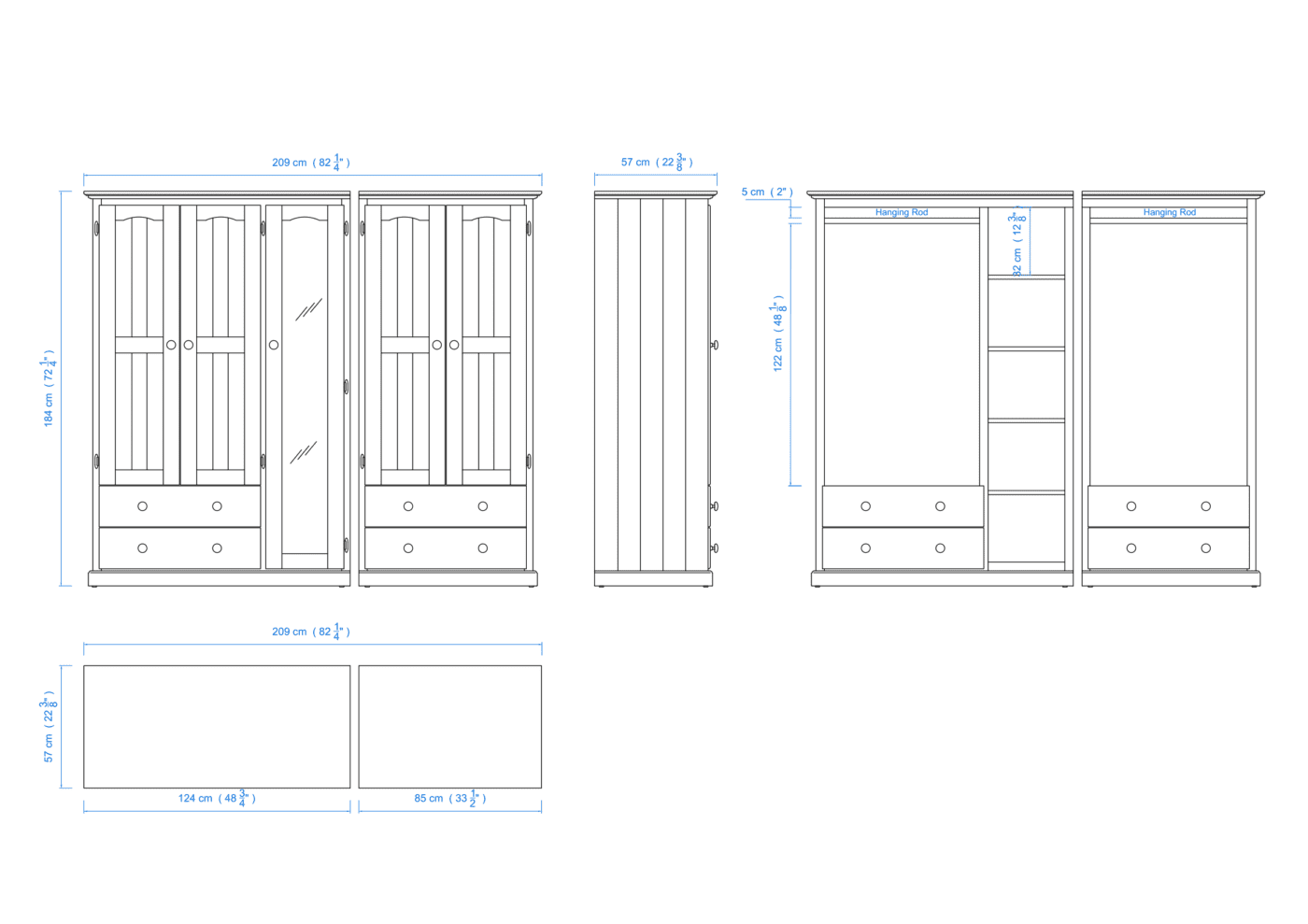 Heritage Timber Wardrobe 200cm 5 Door 4 Drawer Hanging & Shelving – Aussie Made Choice of Colours