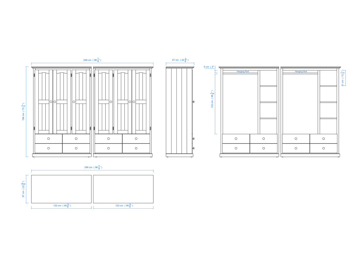 Heritage Timber Wardrobe 250cm 6 Door 8 Drawer Robe Hanging & Shelving – Aussie Made Choice of Colours