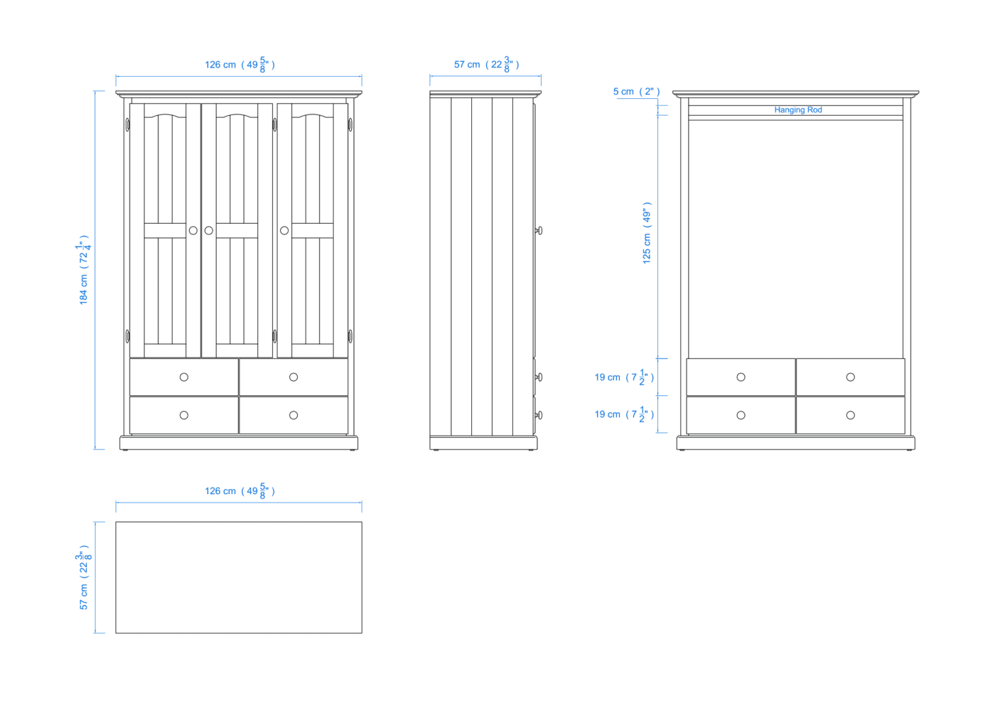 Heritage Timber Wardrobe 120cm 3 Door 4 Drawer All Hanging – Aussie Made Choice of Colours