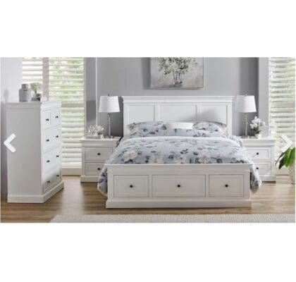 Vienna King Bed 3 Drawer – White Finish with Elegant Solid Construction