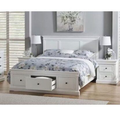 Vienna Queen Bed 3 Drawer – White Finish with Elegant Solid Construction